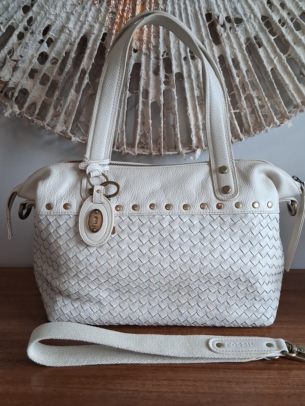 Fossil Ivory Woven Leather Tote Satchel Shoulder Bag